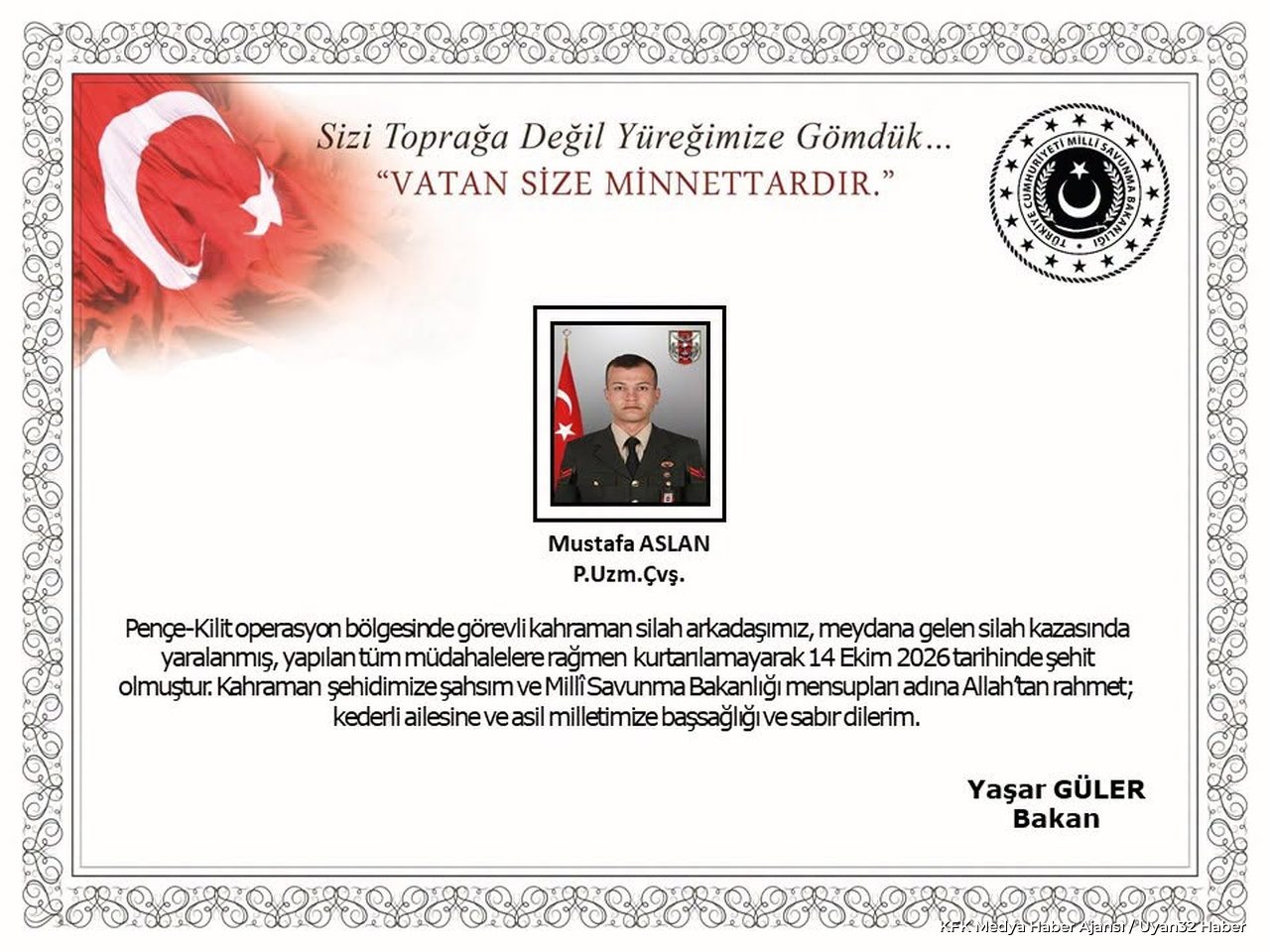 Pençe-Kilit'ten Acı Haber: Uzman Çavuş Mustafa Aslan Şehit Oldu